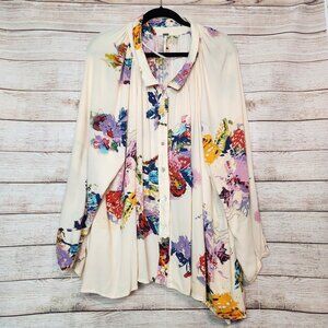 Free People Women's Meadow Lark Floral Tunic Blouse Top Size S/P Beige Oversized